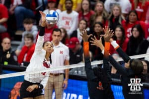 Nebraska Cornhuskers outside hitter Taylor Landfair (12) spikes the ball against the Florida A&M Rattlers in the first set during the first round of the NCAA volleyball tournament Friday, December 6, 2024, in Lincoln, Nebraska. Photo by John S. Peterson.