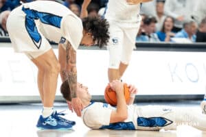 Creighton Bluejays Steven Ashworth after a loose ball foul against the Kansas Jayhawk during a college basketball game on Wednesday, December 4th, 2024, in Omaha Nebraska. Photo by Brandon Tiedemann.