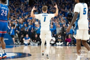 Creighton Bluejays Steven Ashworth celebrates after a three against the Kansas Jayhawk during a college basketball game on Wednesday, December 4th, 2024, in Omaha Nebraska. Photo by Brandon Tiedemann.