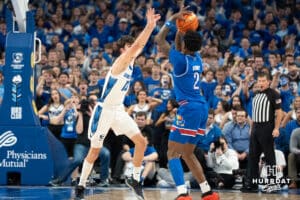 Creighton Bluejays Mason Miller contests a shot against the Kansas Jayhawk during a college basketball game on Wednesday, December 4th, 2024, in Omaha Nebraska. Photo by Brandon Tiedemann.