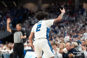 Creighton Bluejays Pop Isaac celebrates against the Kansas Jayhawk during a college basketball game on Wednesday, December 4th, 2024, in Omaha Nebraska. Photo by Brandon Tiedemann.