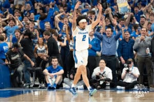 Creighton Bluejays Pop Isaac pumps up the crowd against the Kansas Jayhawk during a college basketball game on Wednesday, December 4th, 2024, in Omaha Nebraska. Photo by Brandon Tiedemann.