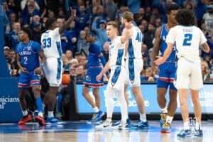 Creighton Bluejays Steven Ashworth after a turnover during a college basketball game on December 4th, 2024 in Omaha Nebraska. Photo by Brandon Tiedemann.