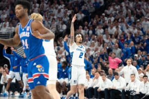 Creighton Bluejays Pop Isaacs celebrates during a college basketball game on December 4th, 2024 in Omaha Nebraska. Photo by Brandon Tiedemann.