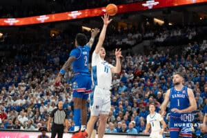 Creighton Bluejays Ryan Kalkbrenner shoots a hookshot during a college basketball game on December 4th, 2024 in Omaha Nebraska. Photo by Brandon Tiedemann.
