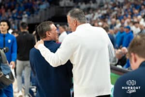 Creighton Bluejays Head Coach Greg McDermott and Kansas Head Coach Bill Self before a college basketball game on December 4th, 2024 in Omaha Nebraska. Photo by Brandon Tiedemann.