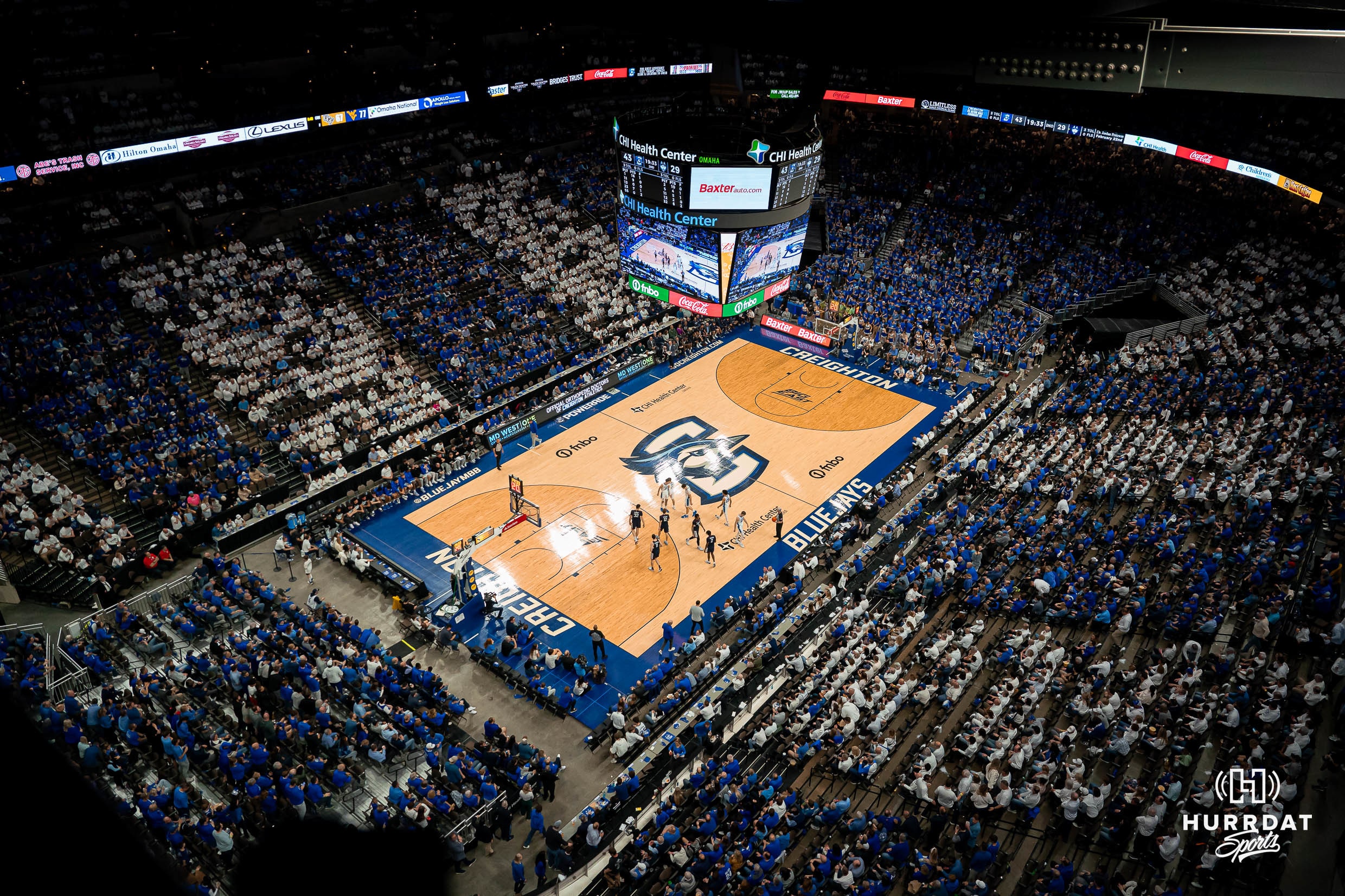 Omaha, Creighton, Basketball, Nebraska, Creighton Bluejays during a game against against the Connecticut Huskies at CHI Health Arena in Omaha, NE February 20th 2024. Photo by Eric Francis