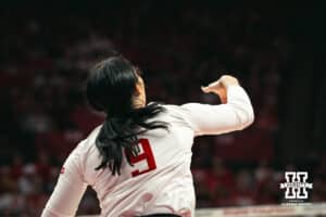Nebraska Cornhusker setter Kennedi Orr (9) servese the ball celebrates a point against the Indiana Hoosiers during a college volleyball game on Nov 16, 2024 in Lincoln, Nebraska. Photo by Logan Hock
