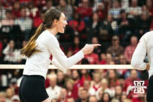 Nebraska Cornhusker setter Bergen Reilly (2) celebrates a point celebrates a point against the Indiana Hoosiers during a college volleyball game on Nov 16, 2024 in Lincoln, Nebraska. Photo by Logan Hock