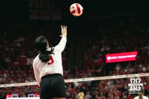 Nebraska Cornhusker setter Kennedi Orr (9) serves the ball celebrates a point against the Indiana Hoosiers during a college volleyball game on Nov 16, 2024 in Lincoln, Nebraska. Photo by Logan Hock