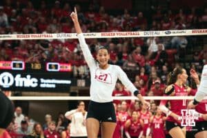 Nebraska Cornhusker outside hitter Harper Murray (27) celebrates a point against the Indiana Hoosiers during a college volleyball game on Nov 16, 2024 in Lincoln, Nebraska. Photo by Logan Hock