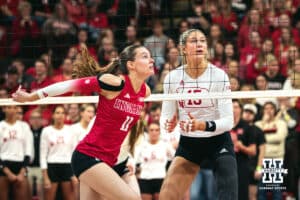 Nebraska Cornhusker middle blocker Andi Jackson (15) readies to block a shot against the Indiana Hoosiers during a college volleyball game on Nov 16, 2024 in Lincoln, Nebraska. Photo by Logan Hock