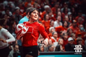 Nebraska Cornhusker libero/defensive specialist Lexi Rodriguez (8) gets ready to serve against the Indiana Hoosiers during a college volleyball game on Nov 16, 2024 in Lincoln, Nebraska. Photo by Logan Hock