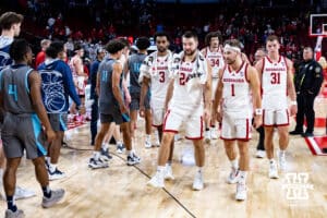 Nebraska Cornhuskers walk to the locker room after the win against the North Florida Ospreys during a college basketball game Sunday, December 1, 2024, in Lincoln, Nebraska. Photo by John S. Peterson.