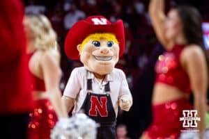 Nebraska Cornhuskers mascot Herbie entertaining the fans during a college basketball game against the North Florida Ospreys Sunday, December 1, 2024, in Lincoln, Nebraska. Photo by John S. Peterson.