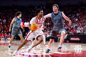 Nebraska Cornhuskers guard Brice Williams (3) drives to the basket against North Florida Ospreys forward Liam Murphy (7) in the second half during a college basketball game Sunday, December 1, 2024, in Lincoln, Nebraska. Photo by John S. Peterson.