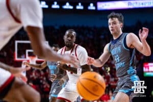 Nebraska Cornhuskers forward Juwan Gary (4) makes a pass to guard Brice Williams (3) against the North Florida Ospreys in the second half during a college basketball game Sunday, December 1, 2024, in Lincoln, Nebraska. Photo by John S. Peterson.