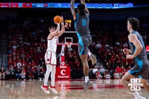 Nebraska Cornhuskers guard Connor Essegian (0) makes a three-point shot against the North Florida Ospreys in the second half during a college basketball game Sunday, December 1, 2024, in Lincoln, Nebraska. Photo by John S. Peterson.