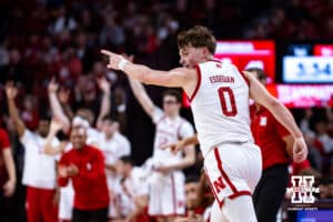 Nebraska Cornhuskers guard Connor Essegian (0) celebrates making a three-point shot against the North Florida Ospreys in the first half during a college basketball game Sunday, December 1, 2024, in Lincoln, Nebraska. Photo by John S. Peterson.