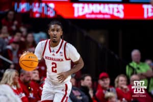 Nebraska Cornhuskers guard Ahron Ulis (2) dribbles the ball down the court against the North Florida Ospreys in the first half during a college basketball game Sunday, December 1, 2024, in Lincoln, Nebraska. Photo by John S. Peterson.