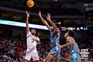 Nebraska Cornhuskers guard Brice Williams (3) makes a layup against the North Florida Ospreys in the first half during a college basketball game Sunday, December 1, 2024, in Lincoln, Nebraska. Photo by John S. Peterson.