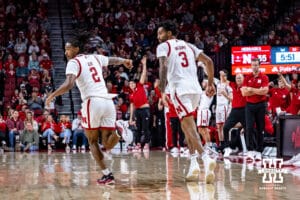 Nebraska Cornhuskers guard Ahron Ulis (2) celebrates making a three-point shot against the North Florida Ospreys in the first half during a college basketball game Sunday, December 1, 2024, in Lincoln, Nebraska. Photo by John S. Peterson.