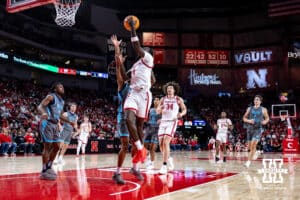 Nebraska Cornhuskers forward Juwan Gary (4) makes a layup against the North Florida Ospreys in the first half during a college basketball game Sunday, December 1, 2024, in Lincoln, Nebraska. Photo by John S. Peterson.