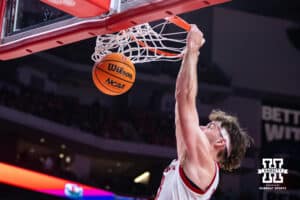 Nebraska Cornhuskers forward Andrew Morgan (23) makes a dunk against the North Florida Ospreys in the first half during a college basketball game Sunday, December 1, 2024, in Lincoln, Nebraska. Photo by John S. Peterson.