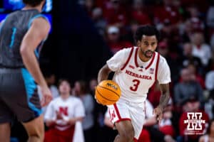 Nebraska Cornhuskers guard Brice Williams (3) dribbles the ball against North Florida Ospreys guard Taylor Thompson (1) in the first half during a college basketball game Sunday, December 1, 2024, in Lincoln, Nebraska. Photo by John S. Peterson.