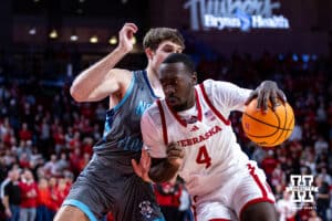 Nebraska Cornhuskers forward Juwan Gary (4) drives towards the basket against North Florida Ospreyss during a college basketball game Sunday, December 1, 2024, in Lincoln, Nebraska. Photo by John S. Peterson.