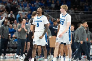 Creighton Bluejays Jamiya Neal celebrates after a Xavier called timeout during a college basketball game against Xavier on January 29th, 2025 in Omaha Nebraska. Photo by Brandon Tiedemann.