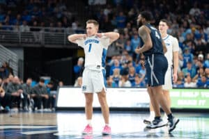 Creighton Bluejays Steven Ashworth after a turnover during a college basketball game against Xavier on January 29th, 2025 in Omaha Nebraska. Photo by Brandon Tiedemann.
