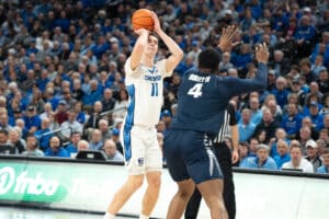 Creighton Bluejays Ryan Klakbrenner shoots a three pointer during a college basketball game against Xavier on January 29th, 2025 in Omaha Nebraska. Photo by Brandon Tiedemann.