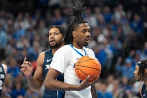 Creighton Bluejays Jamiya Neal after a foul during a college basketball game against Xavier on January 29th, 2025 in Omaha Nebraska. Photo by Brandon Tiedemann.