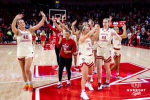 Nebraska Cornhuskers wave to the fans thanking them for making it to the basketball game against the Ohio State Buckeyes, Sunday, January 26, 2025, in Lincoln, Nebraska. Photo by John S. Peterson.