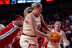 Nebraska Cornhuskers center Alexis Markowski (40) grabs a rebound while Ohio State Buckeyes forward Cotie McMahon (32) reaches for the ball in the fourth quarter during a college basketball game, Sunday, January 26, 2025, in Lincoln, Nebraska. Photo by John S. Peterson.