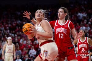 Nebraska Cornhuskers center Alexis Markowski (40) turns to make a layup against Ohio State Buckeyes center Elsa Lemmila (12) in the fourth quarter during a college basketball game, Sunday, January 26, 2025, in Lincoln, Nebraska. Photo by John S. Peterson.