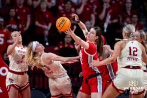 Ohio State Buckeyes center Elsa Lemmila (12) reaches for the ball against the Nebraska Cornhuskers in the fourth quarter during a college basketball game, Sunday, January 26, 2025, in Lincoln, Nebraska. Photo by John S. Peterson.