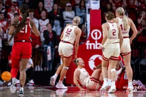 Nebraska Cornhuskers guard Callin Hake (14) celebrates drawing a four against the Ohio State Buckeyes in the fourth quarter during a college basketball game, Sunday, January 26, 2025, in Lincoln, Nebraska. Photo by John S. Peterson.