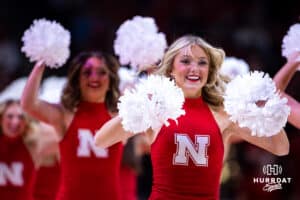 Nebraska Cornhuskers Scarlets dance team performs at a break in the action against the Ohio State Buckeyes during a college basketball game, Sunday, January 26, 2025, in Lincoln, Nebraska. Photo by John S. Peterson.