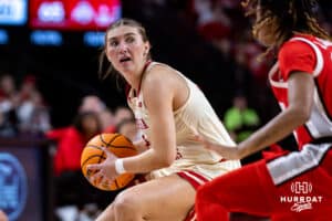 Nebraska Cornhuskers guard Logan Nissley (2) dribbles the ball against Ohio State Buckeyes guard Jaloni Cambridge (22) in the fourt quarter during a college basketball game, Sunday, January 26, 2025, in Lincoln, Nebraska. Photo by John S. Peterson.
