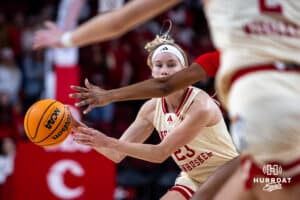 Nebraska Cornhuskers guard Britt Prince (23) makes a pass to Logan Nissley in the fourth quarter against the Ohio State Buckeyes during a college basketball game, Sunday, January 26, 2025, in Lincoln, Nebraska. Photo by John S. Peterson.