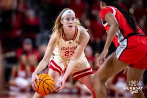 Nebraska Cornhuskers guard Britt Prince (23) dribbles the ball against Ohio State Buckeyes guard Jaloni Cambridge (22) in the fourth quarter during a college basketball game, Sunday, January 26, 2025, in Lincoln, Nebraska. Photo by John S. Peterson.