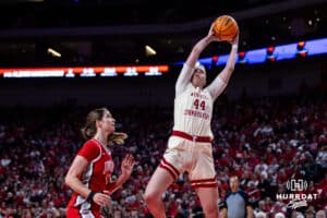 Nebraska Cornhuskers forward Petra Bozan (44) grabs a rebound against Ohio State Buckeyes center Elsa Lemmila (12) in the third quarter during a college basketball game, Sunday, January 26, 2025, in Lincoln, Nebraska. Photo by John S. Peterson.