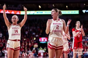Nebraska Cornhuskers guard Logan Nissley (2) surprised when a foul call on her against the Ohio State Buckeyes in the third quarter during a college basketball game, Sunday, January 26, 2025, in Lincoln, Nebraska. Photo by John S. Peterson.