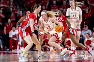 Nebraska Cornhuskers guard Britt Prince (23) dribbles the ball against Ohio State Buckeyes center Elsa Lemmila (12) in the first half during a college basketball game, Sunday, January 26, 2025, in Lincoln, Nebraska. Photo by John S. Peterson.