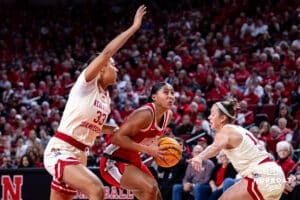 Nebraska Cornhuskers guard Amiah Hargrove (33) and Callin Hake defending against Ohio State Buckeyes forward Taylor Thierry (2) in the first half during a college basketball game, Sunday, January 26, 2025, in Lincoln, Nebraska. Photo by John S. Peterson.