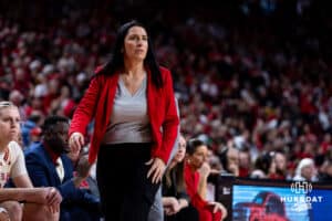 Nebraska Cornhuskers head coach Amy Williams watching the action on the court against the Ohio State Buckeyes during a college basketball game, Sunday, January 26, 2025, in Lincoln, Nebraska. Photo by John S. Peterson.