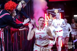 Nebraska Cornhuskers guard Logan Nissley (2) lead the team out to the court during a college basketball game against the Ohio State Buckeyes, Sunday, January 26, 2025, in Lincoln, Nebraska. Photo by John S. Peterson.