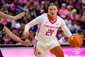 Creighton Bluejays guard Molly Mogensen (21) dribbles the ball against the UConn Huskies during a college basketball game, Saturday, January 25, 2025, in Omaha, Nebraska. Photo by John S. Peterson.